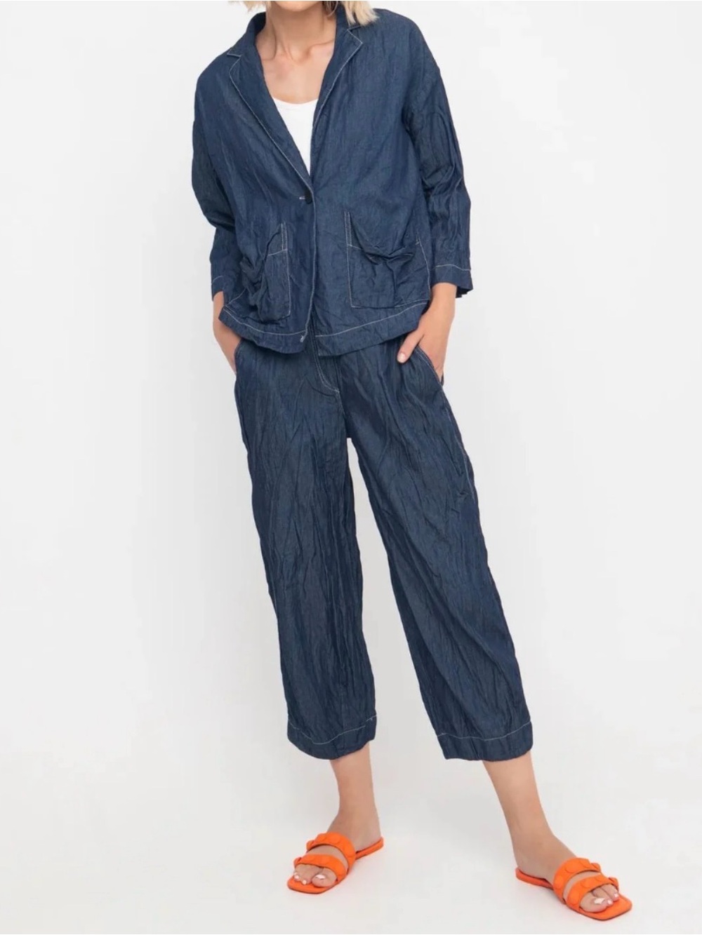 Ozai N Ku Blue Cotton Jacket & Pants Crop Set M